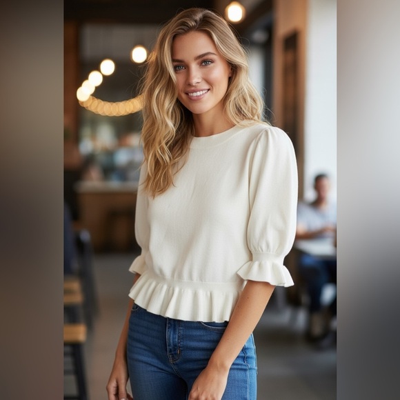 PAIGE Ivory Ruffle Knit Top Sabelina Merino Wool
Blend Sweater SZ M - Picture 1 of 9